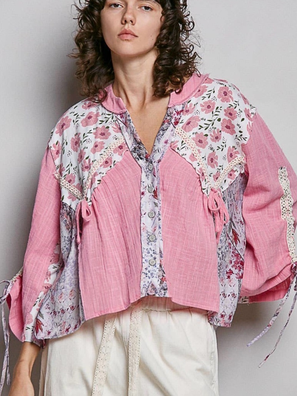 Pink Floral Patchwork Peasant Top- Oversized M